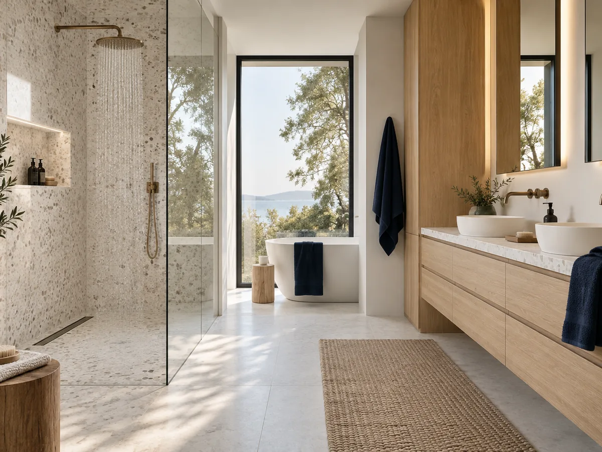 Ein Badezimmer mit Dusche und Waschtisch