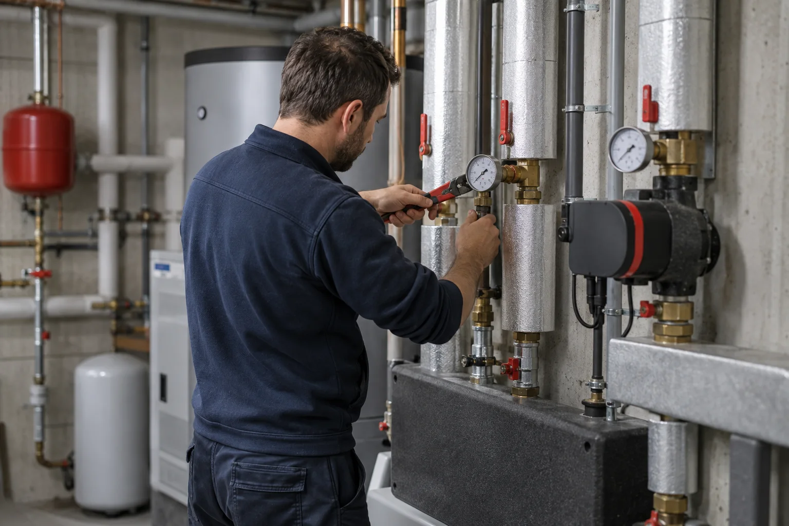 Fachperson kontrolliert eine Heizungsinstallation