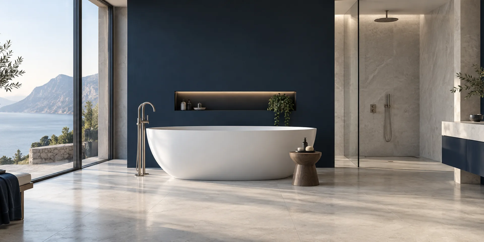 Helles Badezimmer mit freistehender Badewanne und bodengleicher Dusche