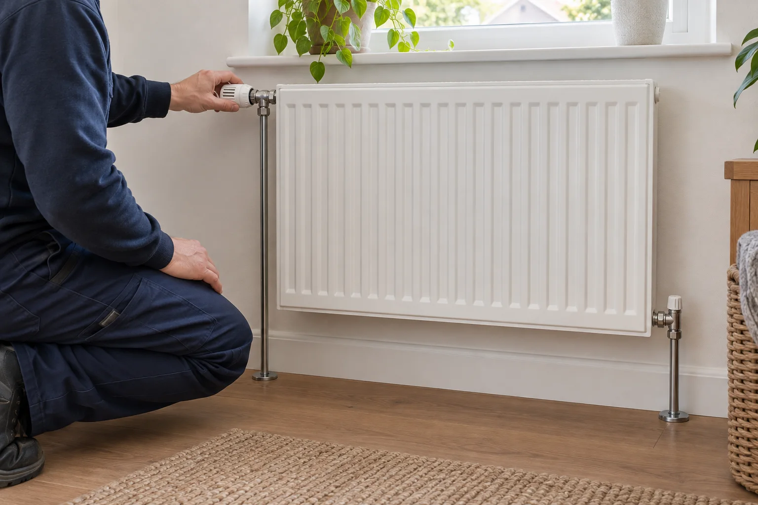 Fachperson prüft das Thermostatventil eines weissen Radiators