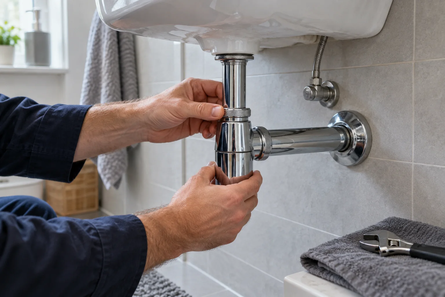 Hände prüfen die Verschraubung eines Flaschensiphons unter einem Waschtisch